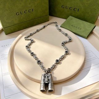Gucci GG Twin Barrel Charm Silver Chain Necklace
