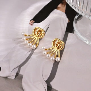 Gucci GG Pearl Drop Gold Stud Earrings