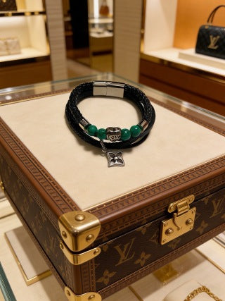 Louis Vuitton Emerald Bead Leather Wrap Bracelet