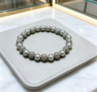 Gucci GG Pearl Bead Filigree Silver Bracelet