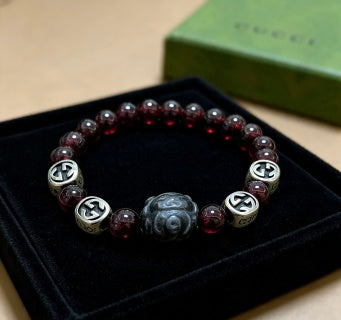 Gucci GG Garnet Bead Lion Charm Bracelet