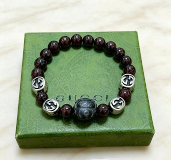 Gucci GG Garnet Bead Lion Charm Bracelet