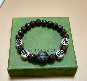 Gucci GG Garnet Bead Lion Charm Bracelet
