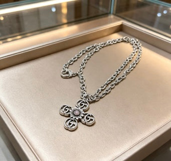 Gucci GG Floral Cross Pendant Silver Chain Necklace