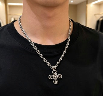 Gucci GG Floral Cross Pendant Silver Chain Necklace