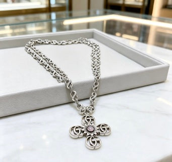 Gucci GG Floral Cross Pendant Silver Chain Necklace