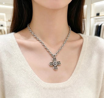 Gucci GG Floral Cross Pendant Silver Chain Necklace