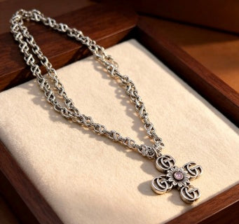 Gucci GG Floral Cross Pendant Silver Chain Necklace