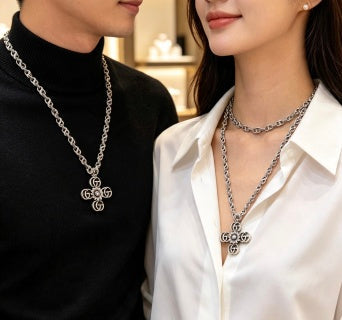 Gucci GG Floral Cross Pendant Silver Chain Necklace