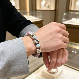 Gucci GG Pink Marble Bead Silver Accent Bracelet