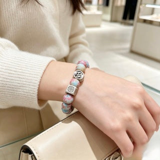 Gucci GG Pink Marble Bead Silver Accent Bracelet