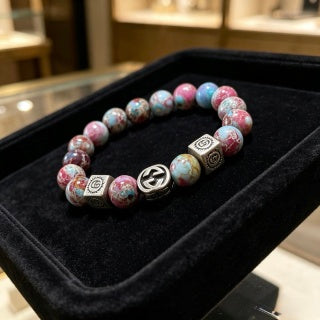 Gucci GG Pink Marble Bead Silver Accent Bracelet