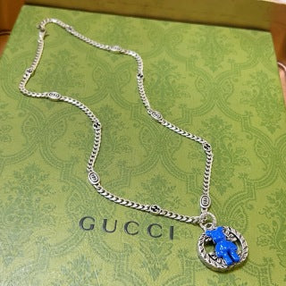 Gucci GG Blue Horsebit Medallion Necklace