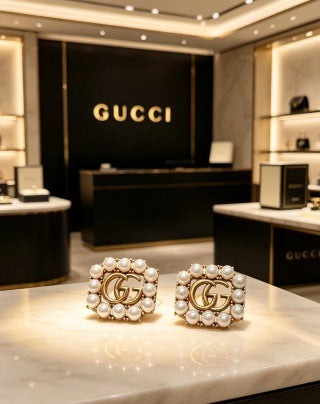 Gucci GG Pearl Crystal Square Stud Earrings