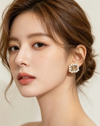 Gucci GG Pearl Crystal Square Stud Earrings