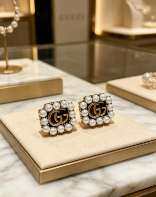 Gucci GG Pearl Crystal Square Stud Earrings