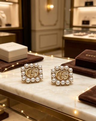 Gucci GG Pearl Crystal Square Stud Earrings