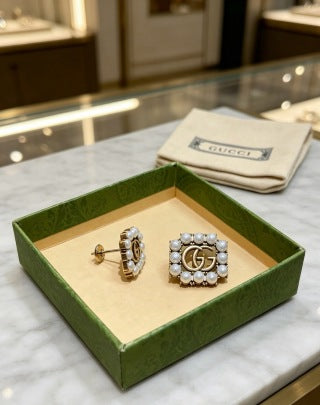 Gucci GG Pearl Crystal Square Stud Earrings
