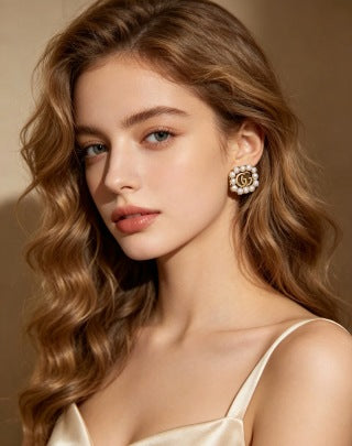 Gucci GG Pearl Crystal Square Stud Earrings
