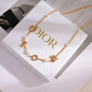 Dior Valentina Crystal Letter Charm Pearl Necklace