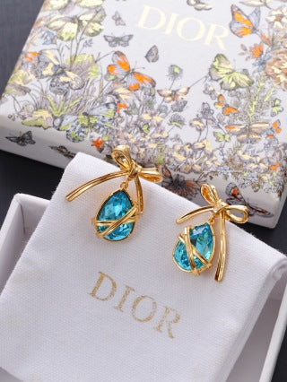 Dior Elara Aqua Crystal Ribbon Drop Stud Earrings