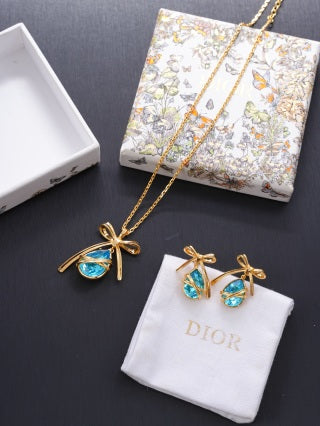 Dior Elara Aqua Crystal Ribbon Drop Stud Earrings