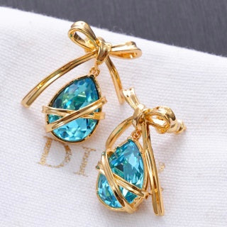 Dior Elara Aqua Crystal Ribbon Drop Stud Earrings