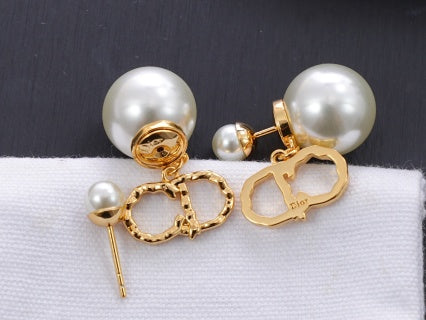 Dior Evelyne Pearl CD Link Drop Stud Earrings