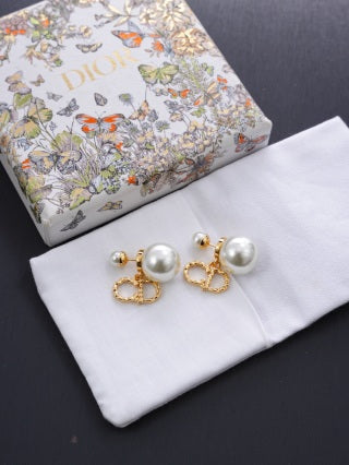 Dior Evelyne Pearl CD Link Drop Stud Earrings