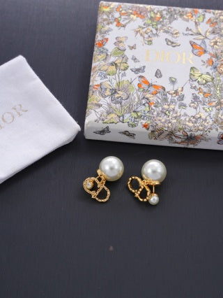 Dior Evelyne Pearl CD Link Drop Stud Earrings