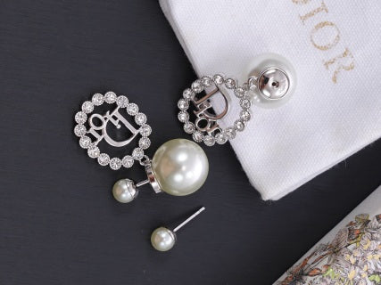Dior Evelyne Crystal Halo CD Pearl Drop Stud Earrings