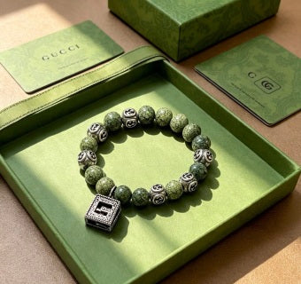 Gucci GG Engraved Stone Bead Charm Bracelet