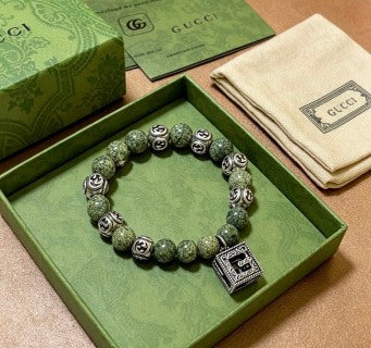 Gucci GG Engraved Stone Bead Charm Bracelet