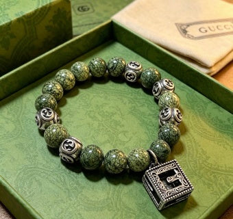 Gucci GG Engraved Stone Bead Charm Bracelet