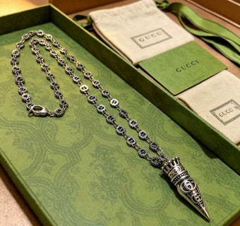 Gucci GG Engraved Spike Pendant Chain Necklace