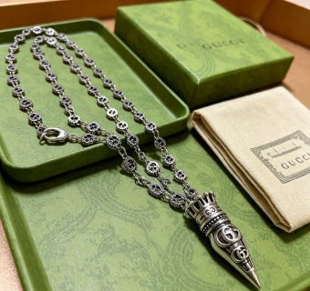 Gucci GG Engraved Spike Pendant Chain Necklace