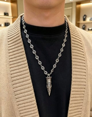Gucci GG Engraved Spike Pendant Chain Necklace