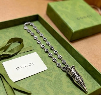 Gucci GG Engraved Spike Pendant Chain Necklace
