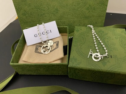 Gucci GG Interlocking Circle Pendant Silver Chain Necklace