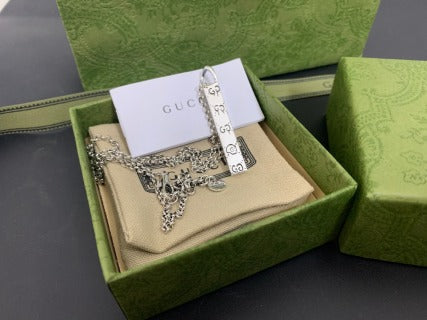 Gucci GG Engraved Bar Pendant Silver Chain Necklace