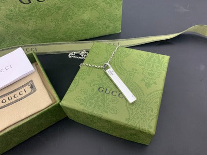 Gucci GG Engraved Bar Pendant Silver Chain Necklace