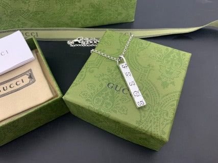 Gucci GG Engraved Bar Pendant Silver Chain Necklace