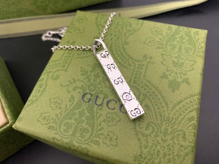 Gucci GG Engraved Bar Pendant Silver Chain Necklace
