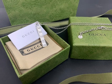 Gucci GG Engraved Bar Pendant Silver Chain Necklace