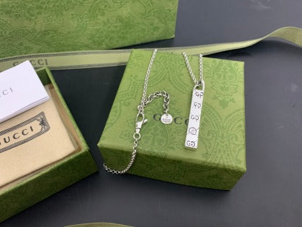 Gucci GG Engraved Bar Pendant Silver Chain Necklace
