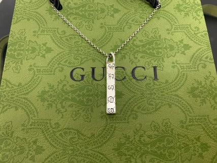Gucci GG Engraved Bar Pendant Silver Chain Necklace