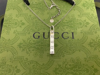 Gucci GG Engraved Bar Pendant Silver Chain Necklace