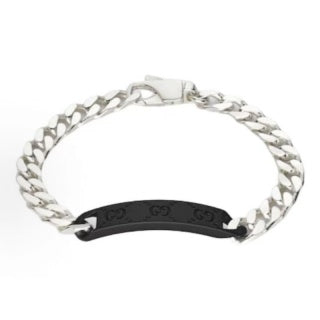 Gucci GG Engraved Plaque Silver Chain Bracelet