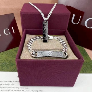 Gucci GG Engraved Plaque Silver Chain Bracelet