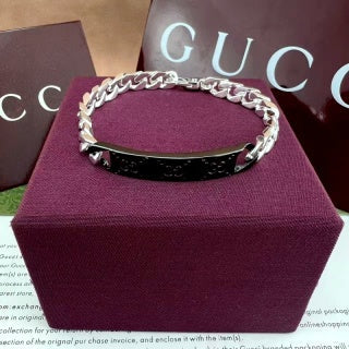 Gucci GG Engraved Plaque Silver Chain Bracelet